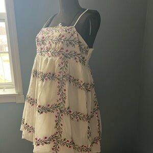Anthropologie White Dress with Pink Floral Embroidery